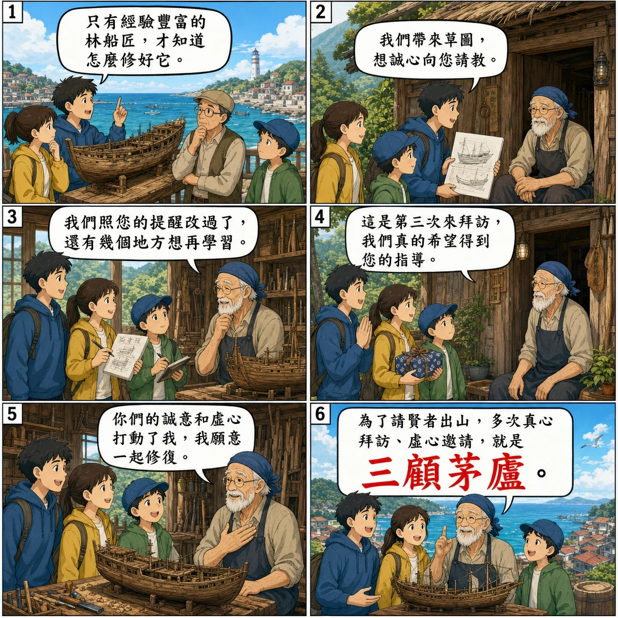 三顧茅廬的 AI 生成成語漫畫