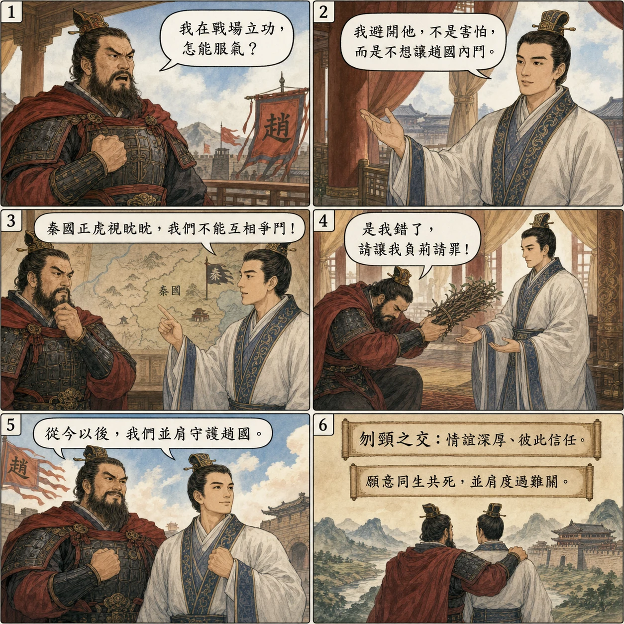 刎頸之交的 AI 生成成語漫畫