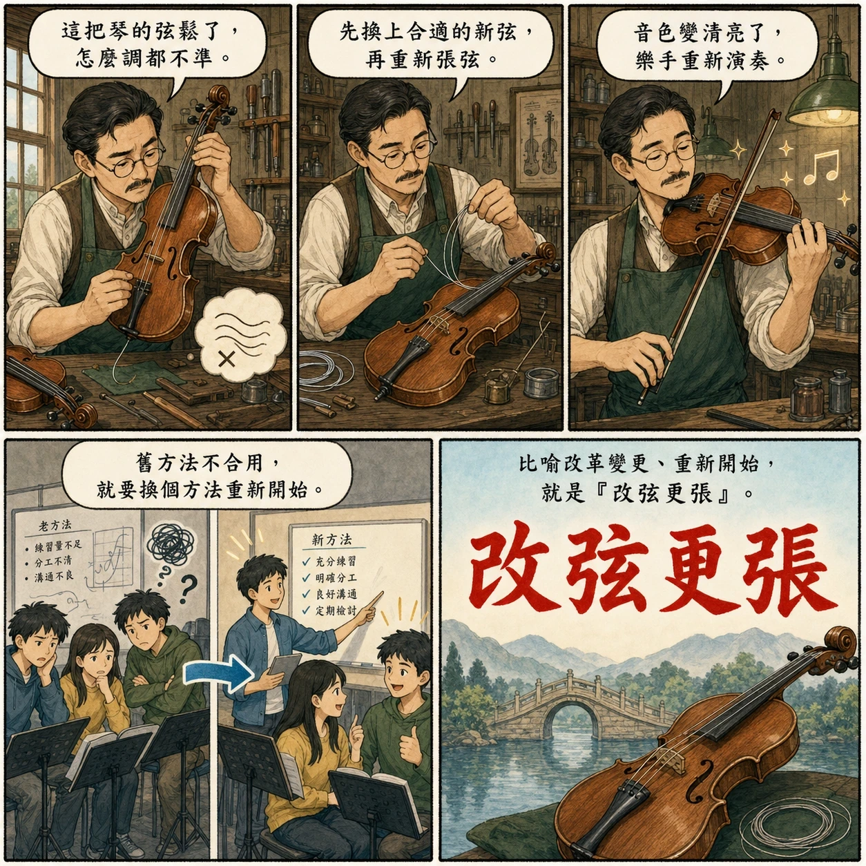 改弦更張的 AI 生成成語漫畫