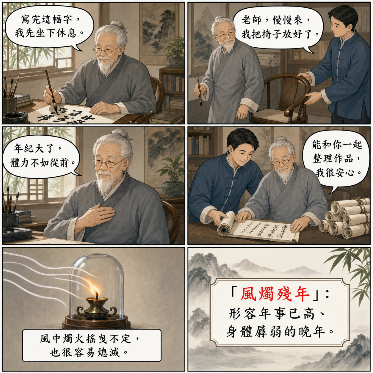 風燭殘年的 AI 生成成語漫畫