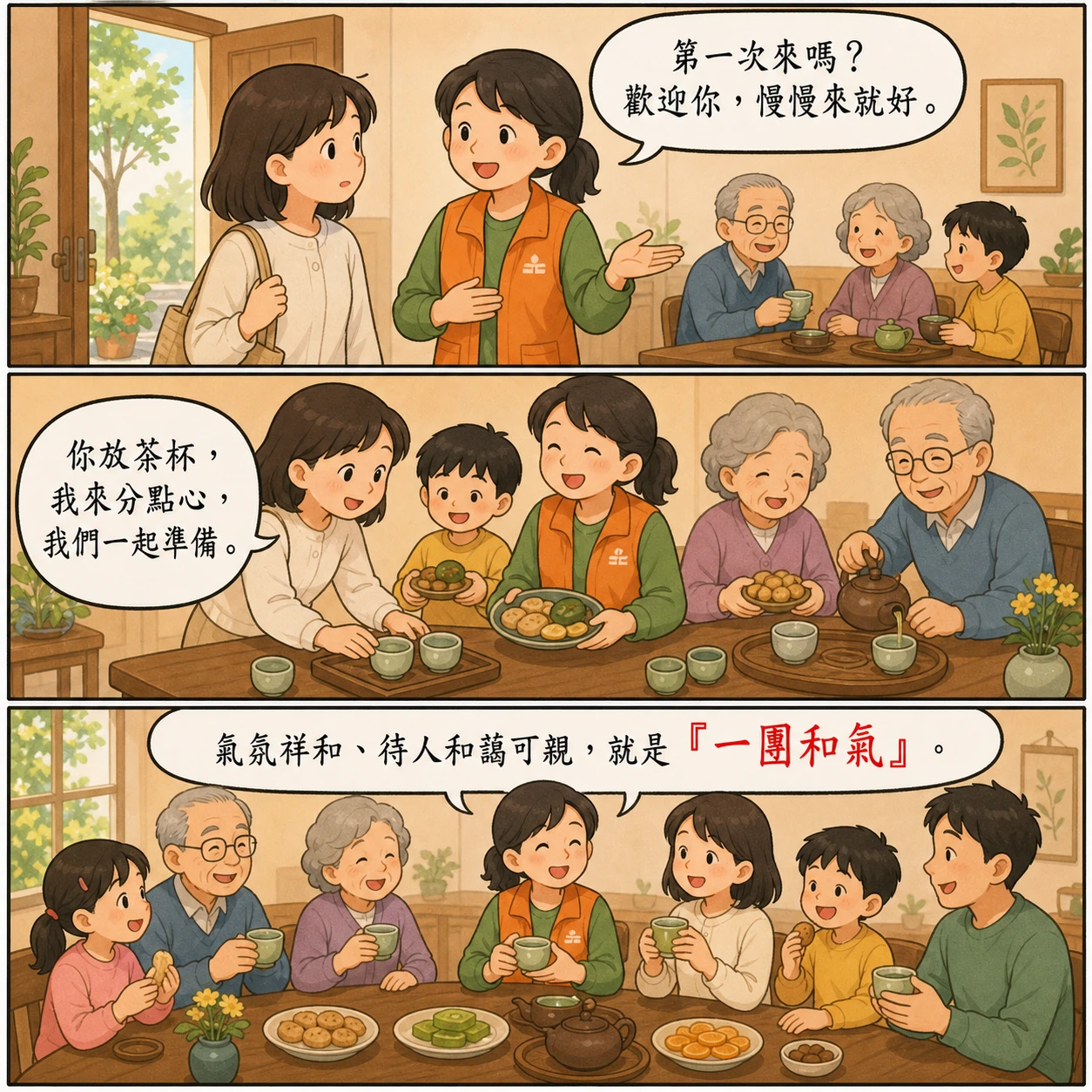 一團和氣的 AI 生成成語漫畫