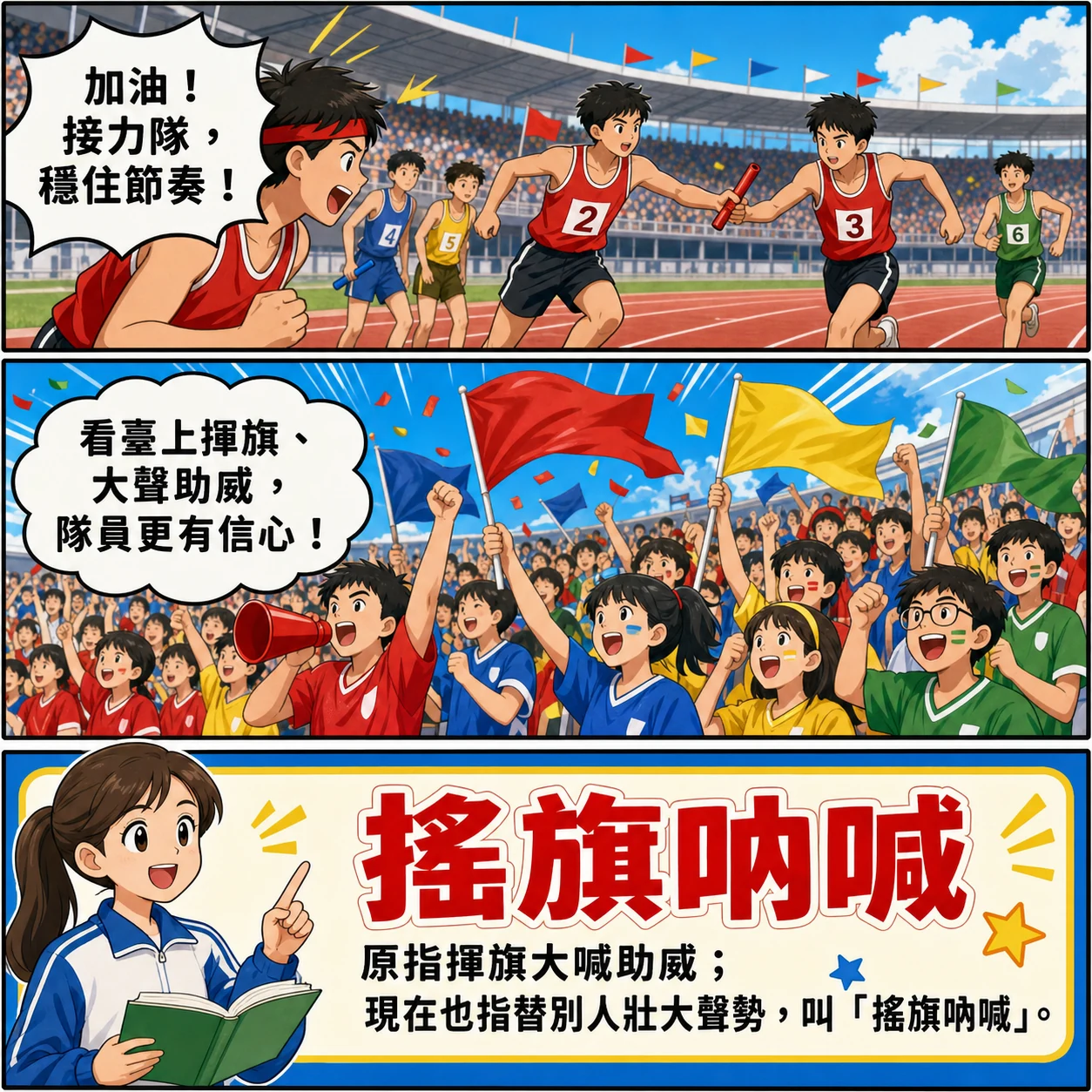 搖旗吶喊的 AI 生成成語漫畫