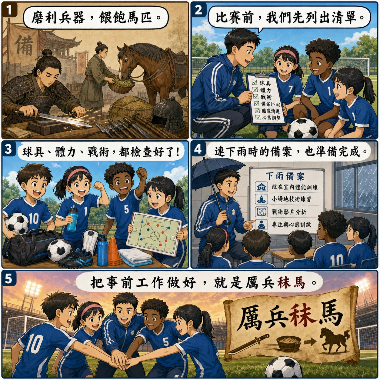 厲兵秣馬的 AI 生成成語漫畫